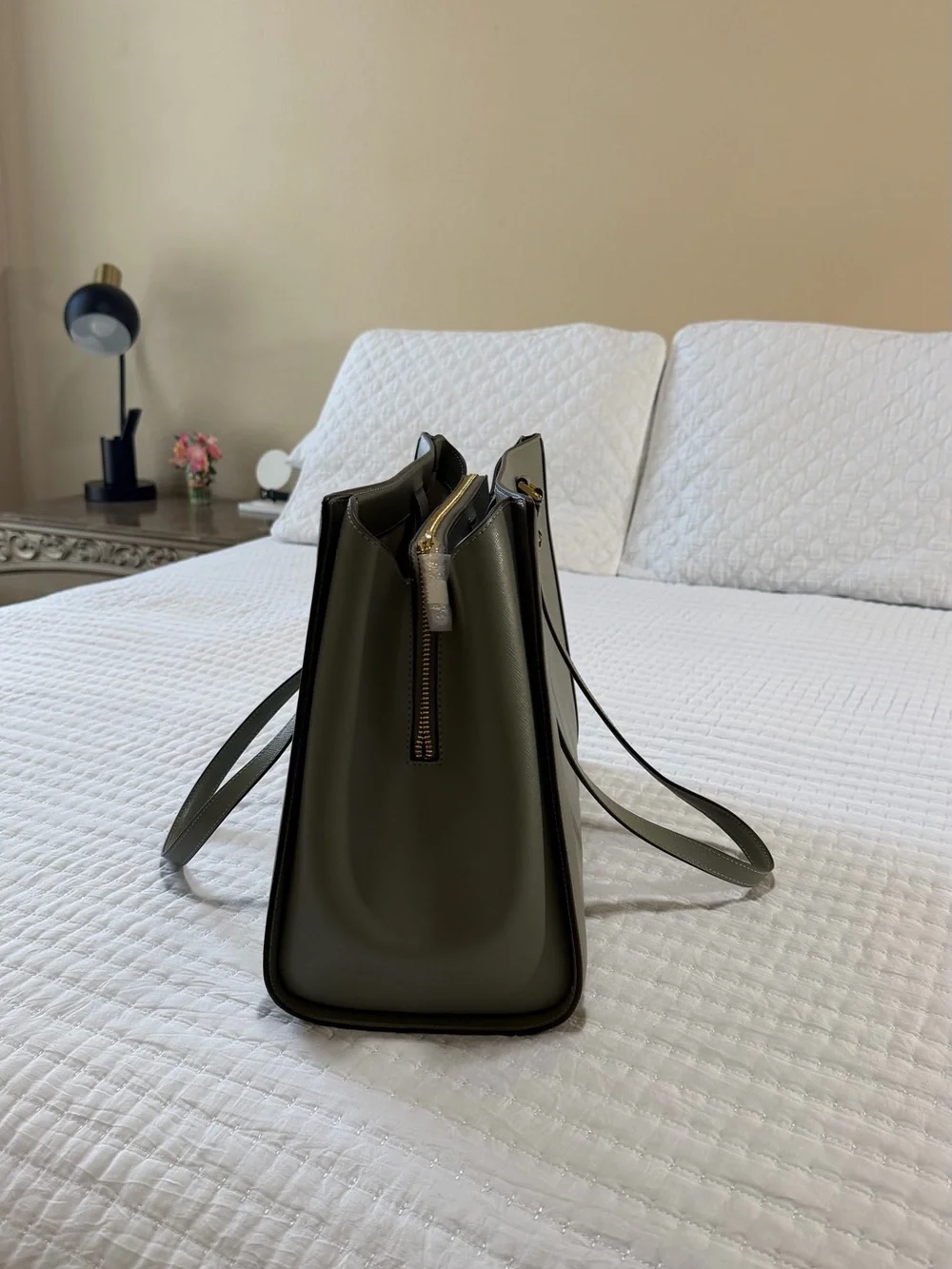 Kate Spade olive green leather tote with gold logo